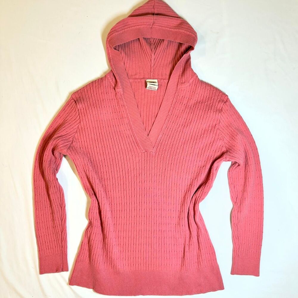 vintage 90s/y2k women’s cable knit hooded pullover sweater rose salmon